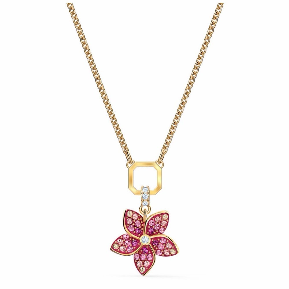 Swarovski Gold Necklace with Pink Crystal Floral Pendant